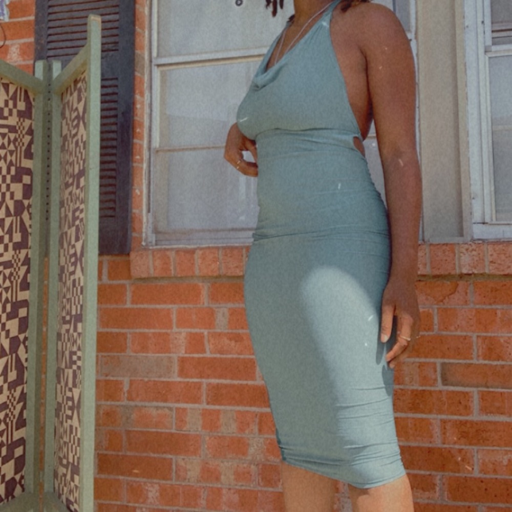 Green cowl neck back tie neck tie dress